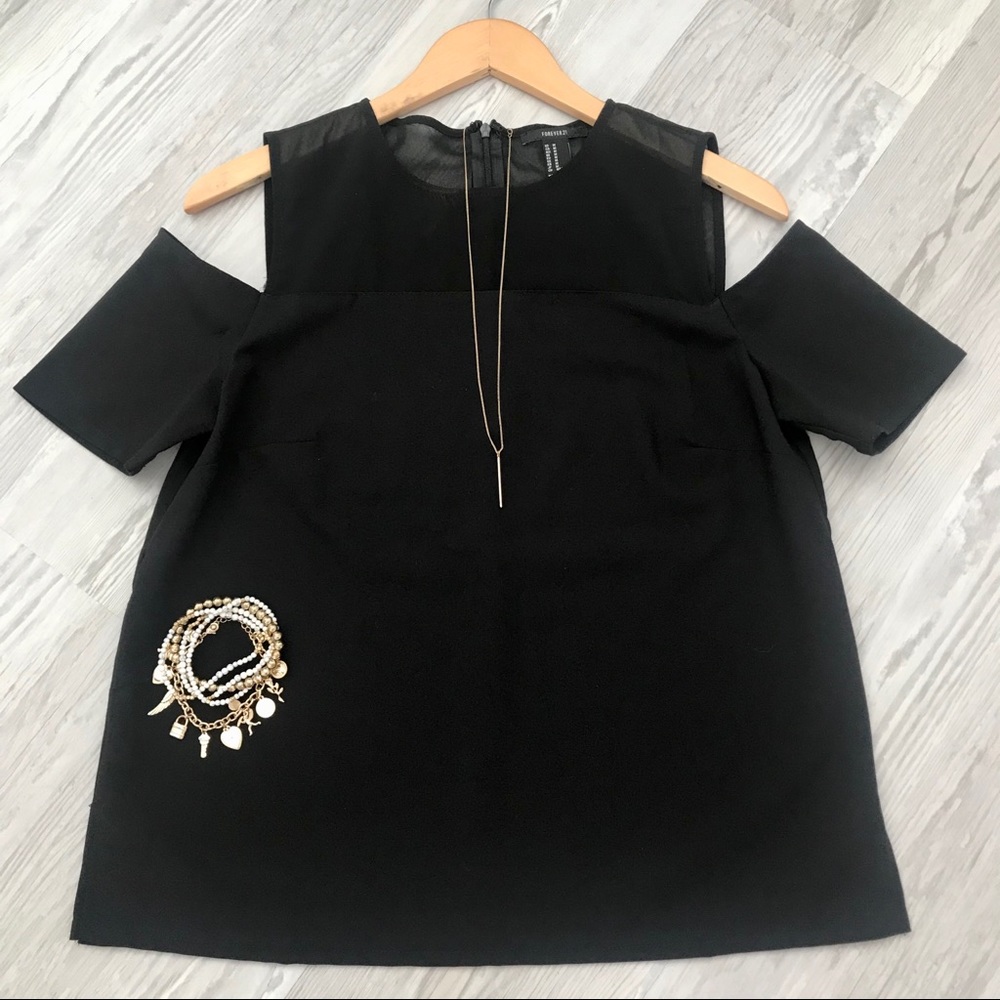 Women’s Black Top, Sheer Bodice, Accent Sleeves